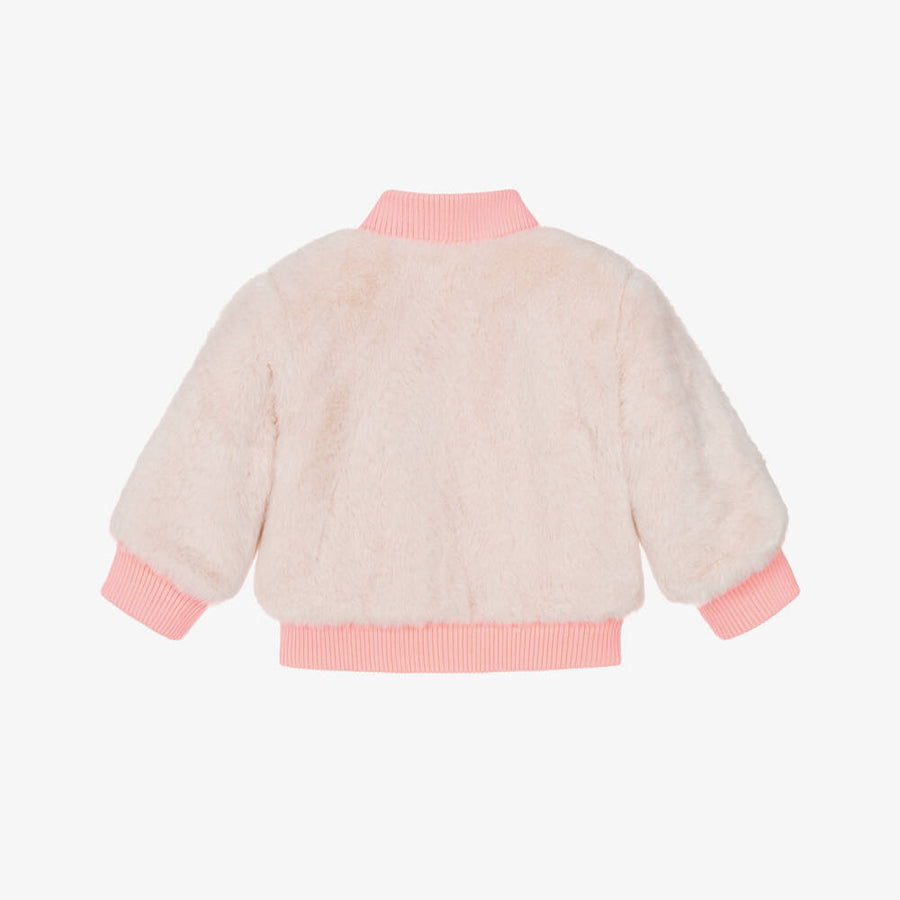 Billieblush Girls Beige-Pink Faux Fur Zip-Up Jacket