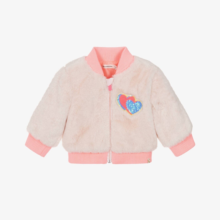 Billieblush Girls Beige-Pink Faux Fur Zip-Up Jacket