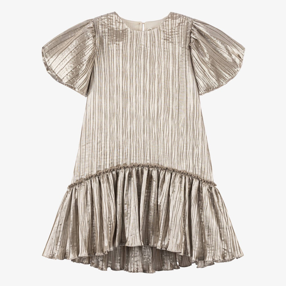 Billieblush Ceremony Girls Shiny Metallic Gold Pleated Dress