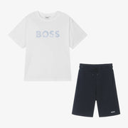 Boss Boys White & Blue Cotton Shorts Set