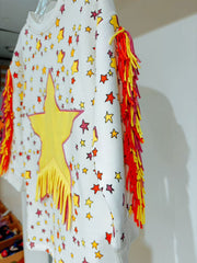 Stella McCartney Kids Girls White Cotton Sweatshirt with Yellow Star & Fringing