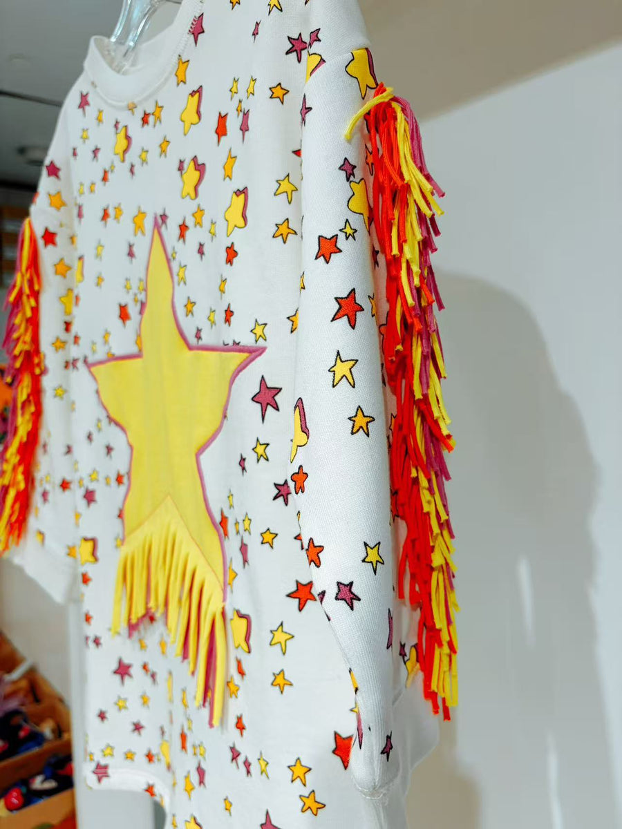 Stella McCartney Kids Girls White Cotton Sweatshirt with Yellow Star & Fringing