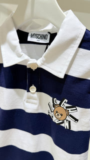 Moschino Boys Navy Blue & White Striped Cotton Rugby Shirt
