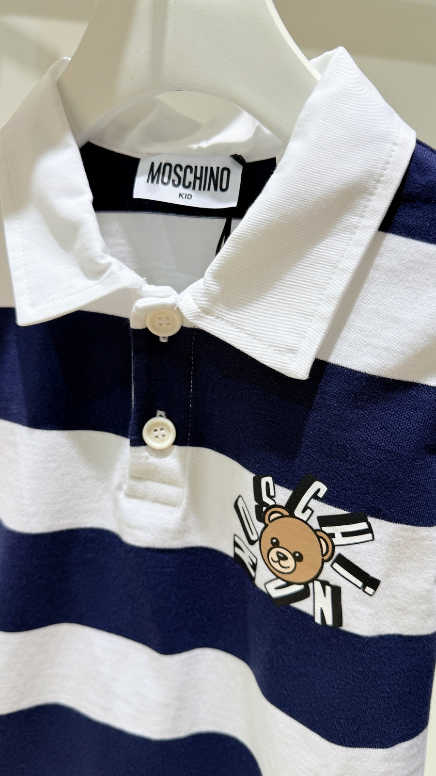 Moschino Boys Navy Blue & White Striped Cotton Rugby Shirt