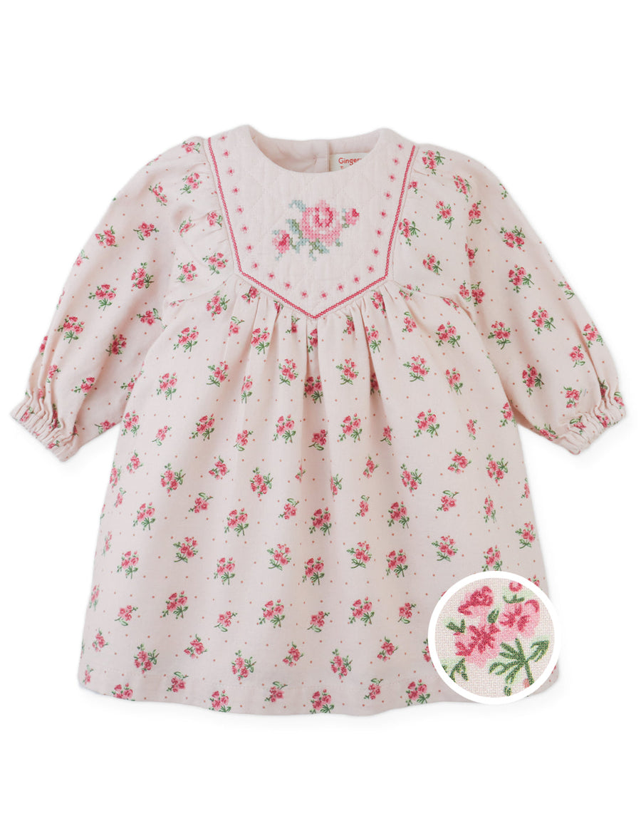 Gingersnaps   Baby Olivia Floral Printed Dress with Cross-Stitch Embroidery on Quilted Yoke