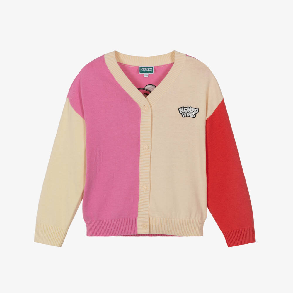 Kenzo Girls Colourblock Cotton Cardigan with Panda Ice Cream Motif