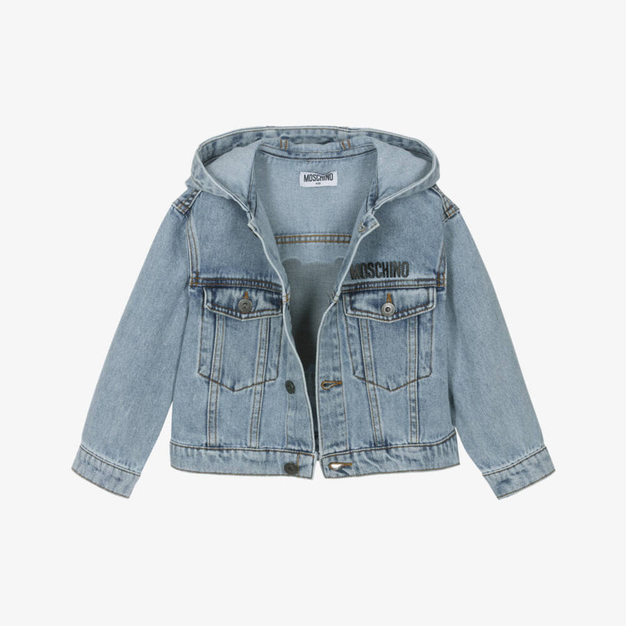 Moschino Blue Hooded Denim Jacket With Teddy Bear