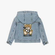 Moschino Blue Hooded Denim Jacket With Teddy Bear