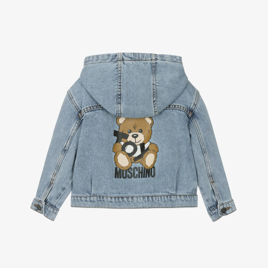 Moschino Blue Hooded Denim Jacket With Teddy Bear