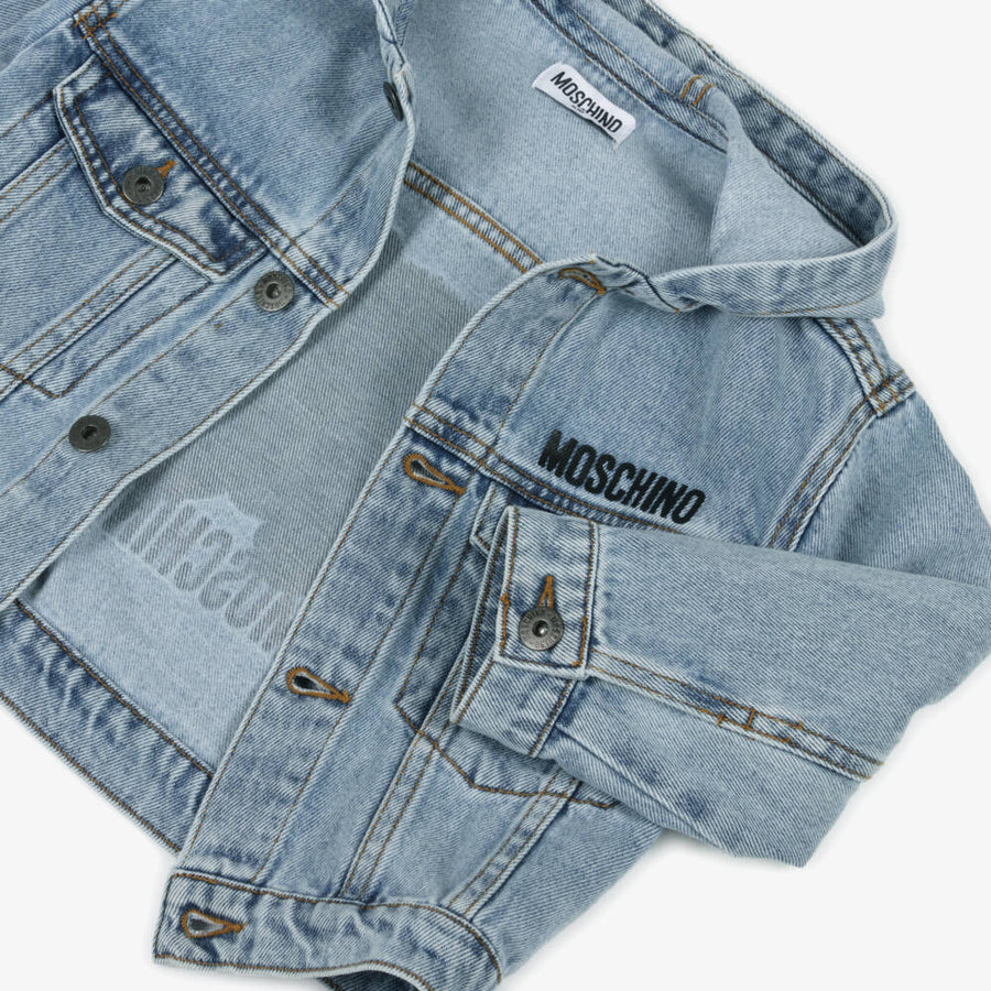 Moschino Blue Hooded Denim Jacket With Teddy Bear
