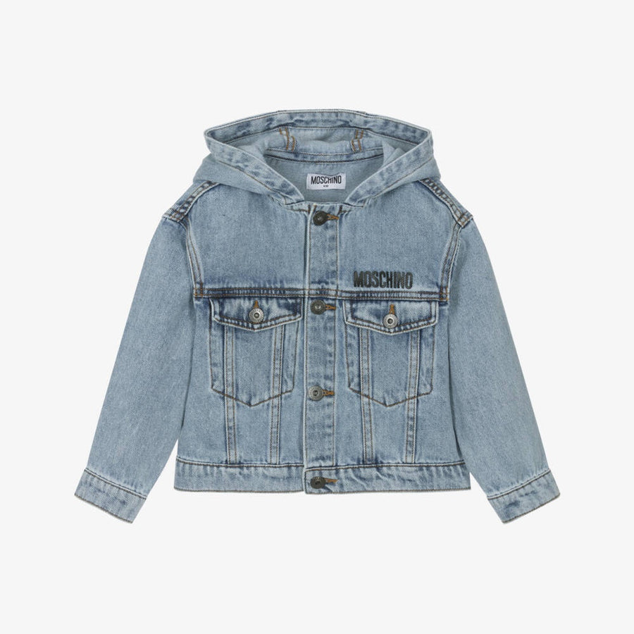 Moschino Blue Hooded Denim Jacket With Teddy Bear