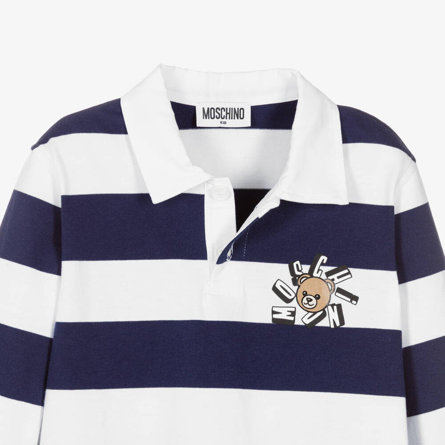 Moschino Boys Navy Blue & White Striped Cotton Rugby Shirt