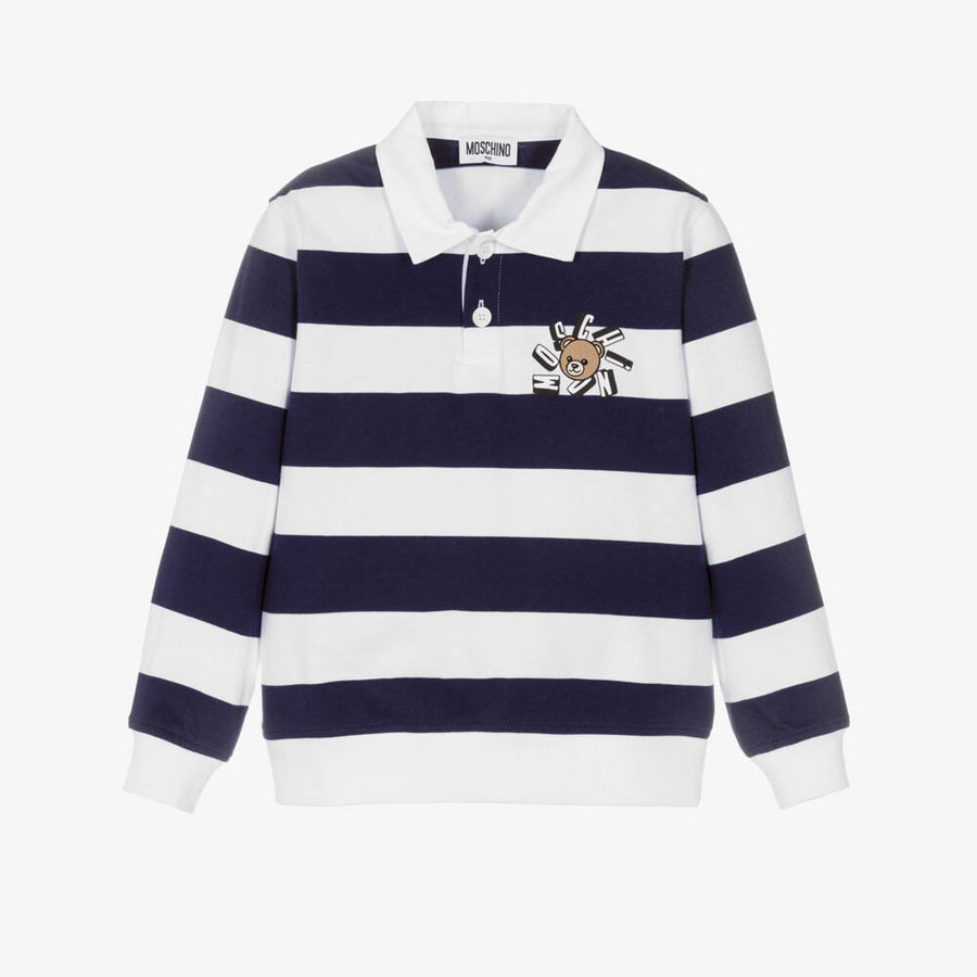 Moschino Boys Navy Blue & White Striped Cotton Rugby Shirt