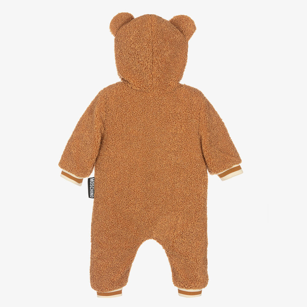 Moschino Baby Hooded Fuzzy Footie With Bear Print