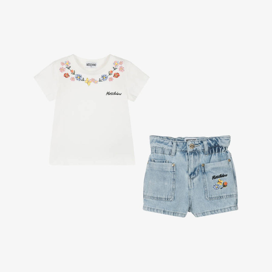 Moschino Girls Blue Denim Floral Shorts Set
