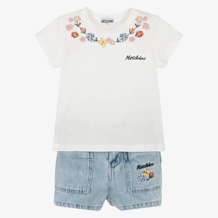 Moschino Girls Blue Denim Floral Shorts Set