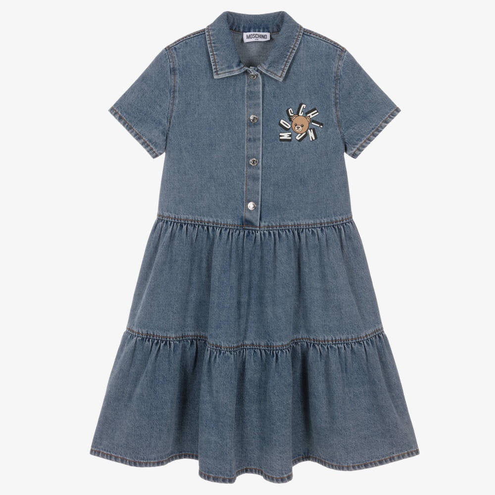 Moschino Girls Blue Washed Denim Teddy Bear Dress