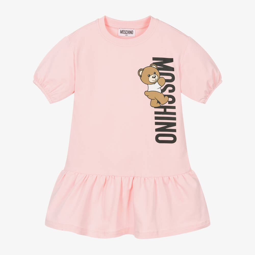 Moschino Girl Logo With Bear Toy Print  Pink Dress