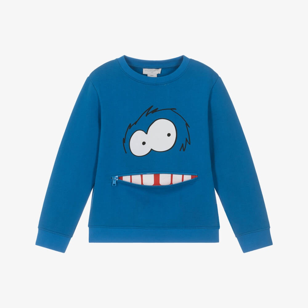 Stella McCartney Kids Boys Blue Yeti Sweatshirt with Zipper-Mouth Pocket