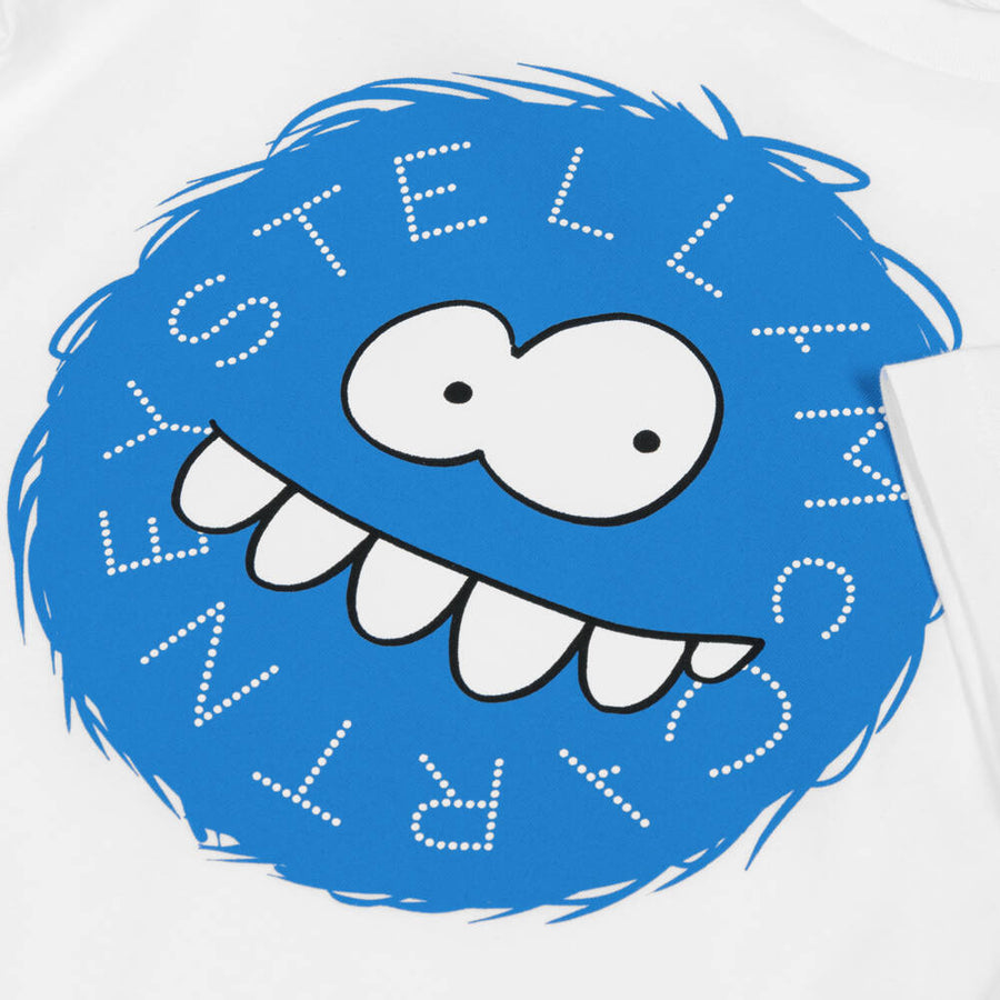 Stella McCartney Kids Boys White Cotton T-Shirt with Blue Yeti Face Print