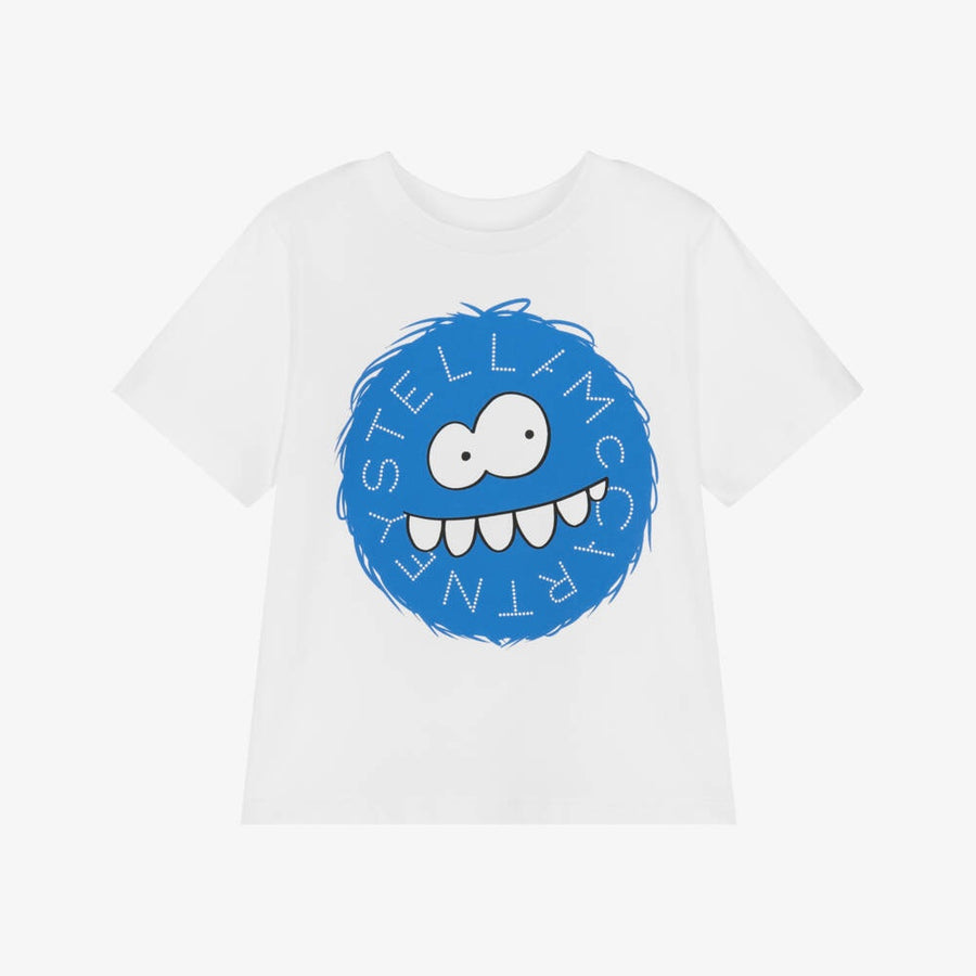 Stella McCartney Kids Boys White Cotton T-Shirt with Blue Yeti Face Print