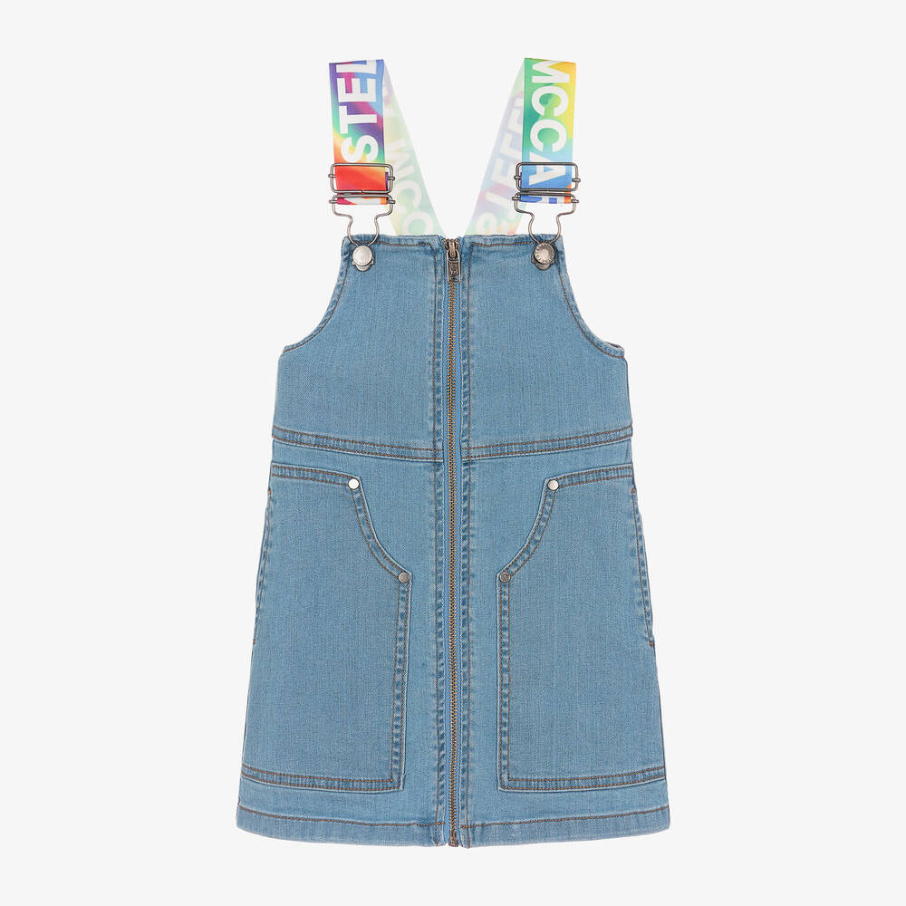 Stella McCartney Girls Denim Dungaree Dress With Rainbow Logo Tape