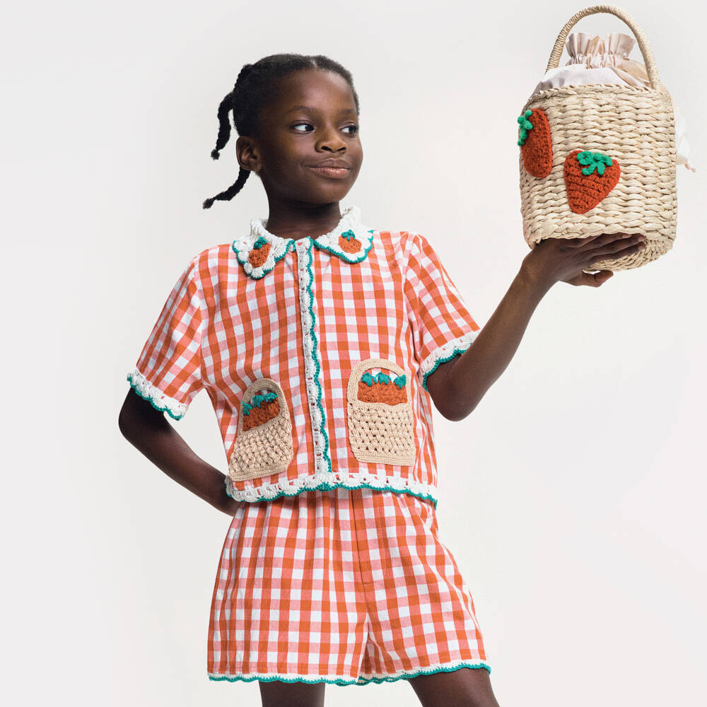 Stella McCartney Kids Girls Red Check Cotton Strawberry Blouse
