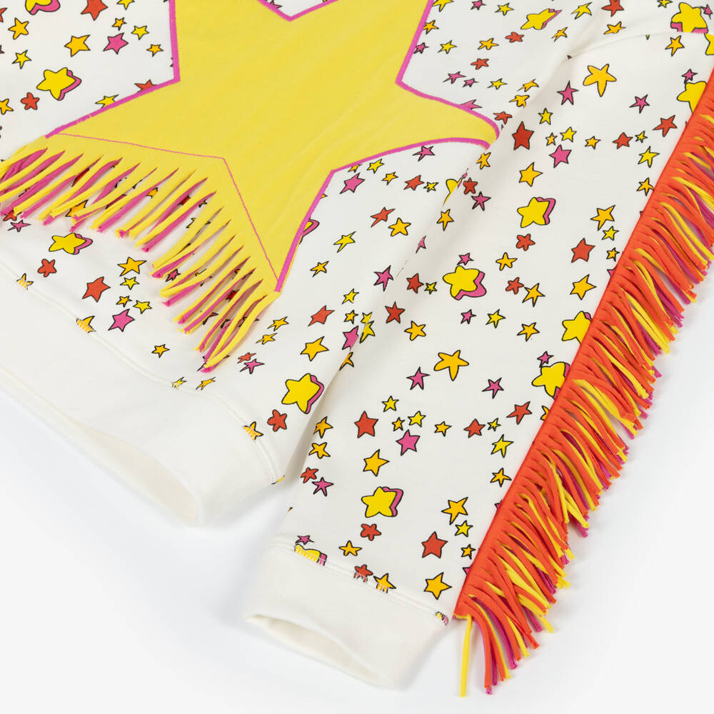 Stella McCartney Kids Girls White Cotton Sweatshirt with Yellow Star & Fringing