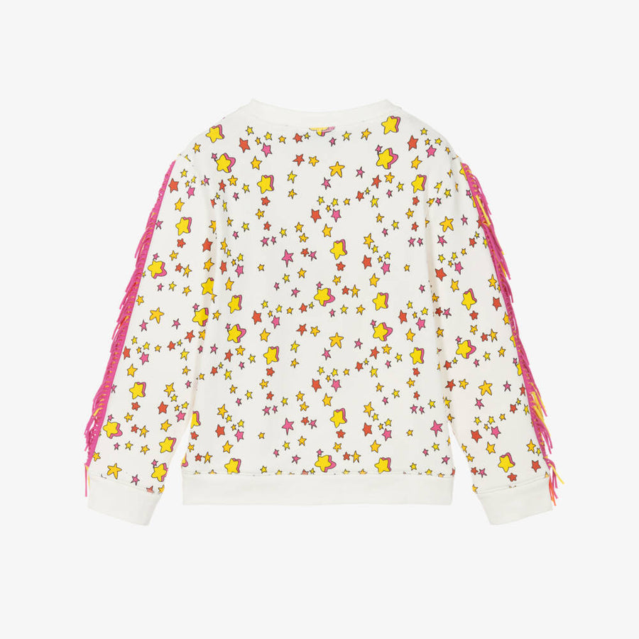 Stella McCartney Kids Girls White Cotton Sweatshirt with Yellow Star & Fringing