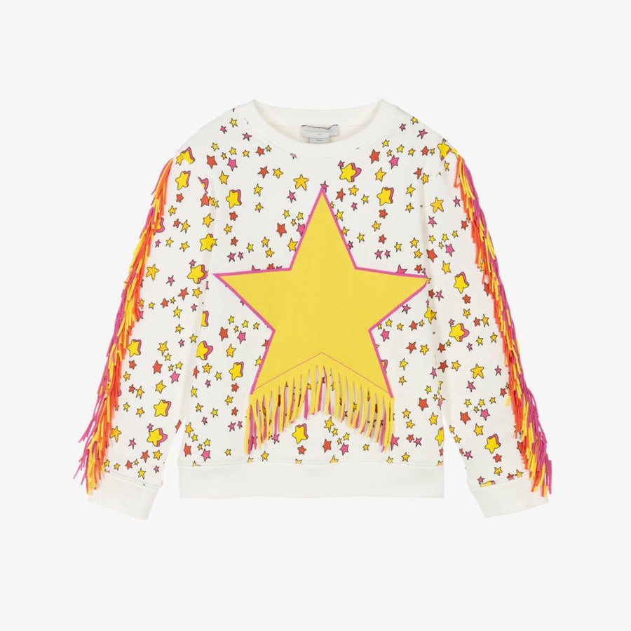 Stella McCartney Kids Girls White Cotton Sweatshirt with Yellow Star & Fringing