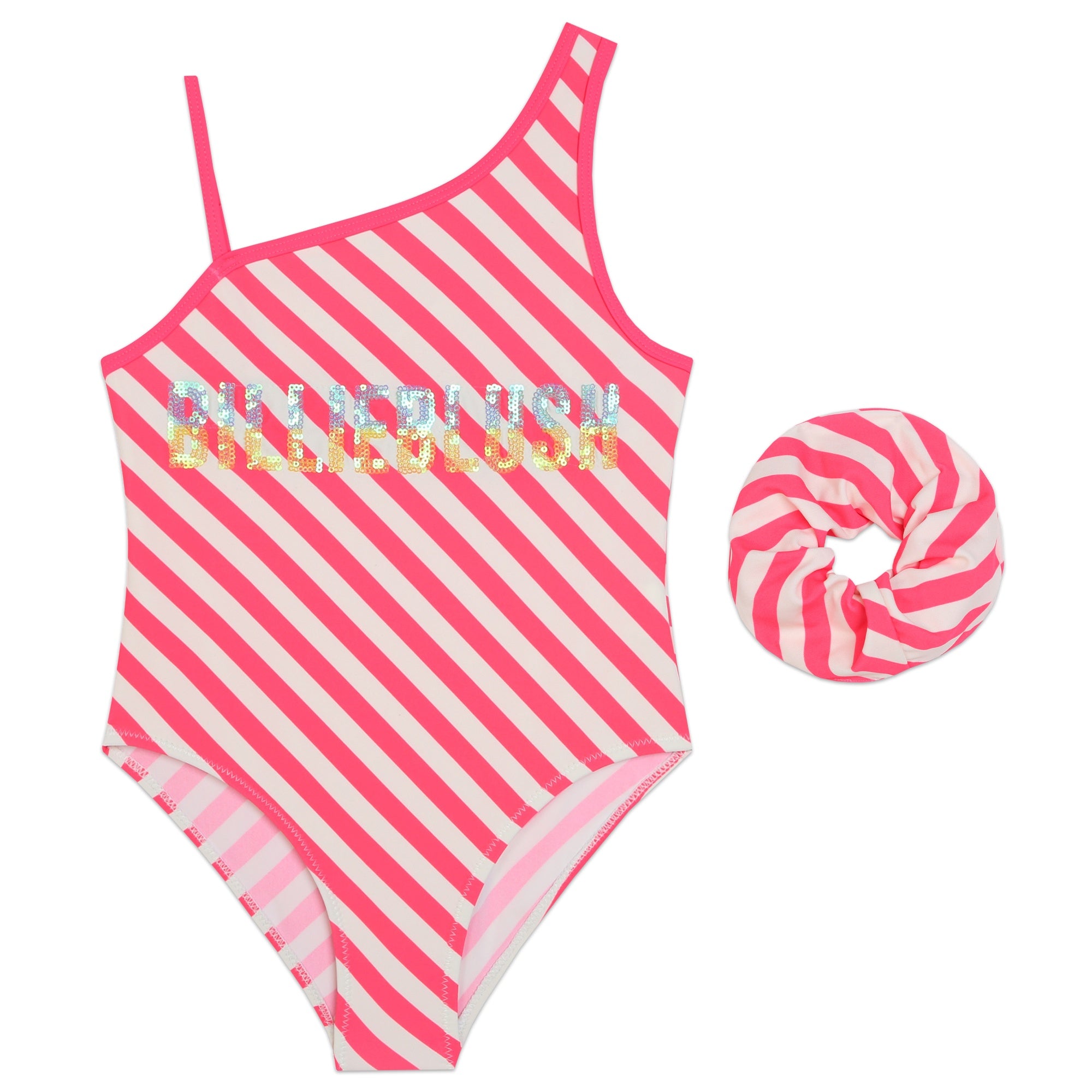 Billieblush Asymmetrical Shoulder Striped Swimsuit with Scrunchie