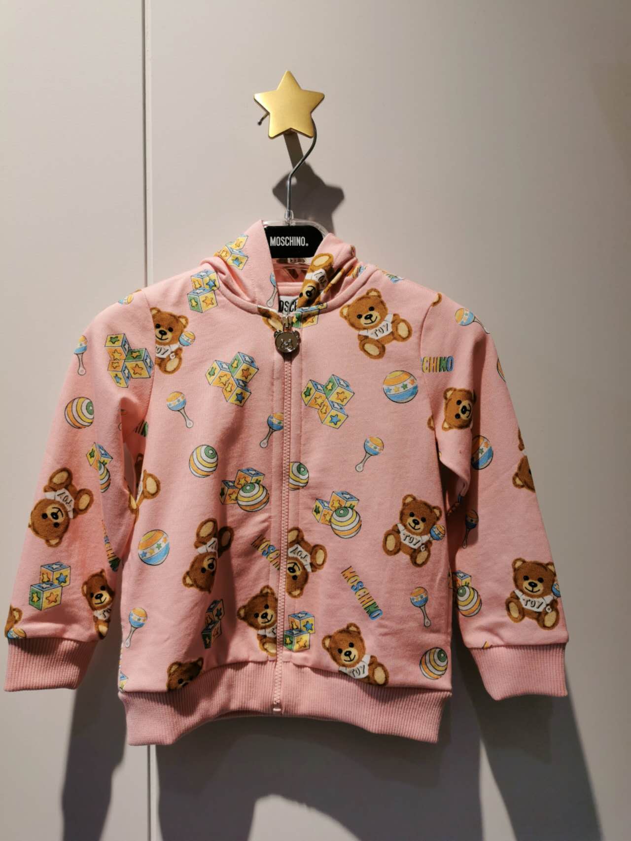 Moschino Baby Hooded Sweatshirt Zip with bear toy born all over print