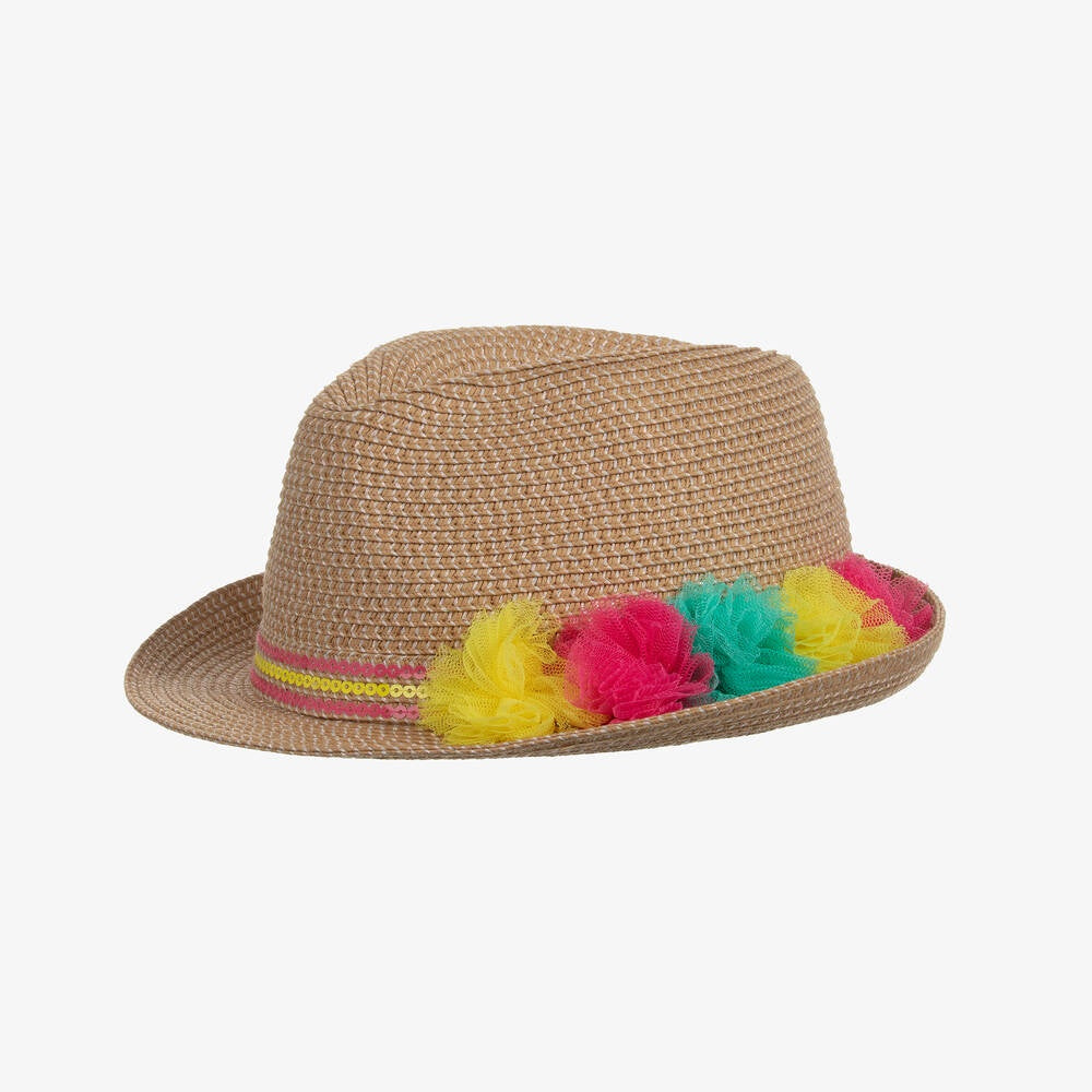 Billieblush Fedora Straw Hat with Band of Colored Sequin Mesh Flower