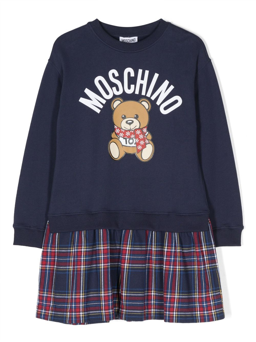 Moschino Girl Blue Navy Dress with Bear Logo In Scarf Print