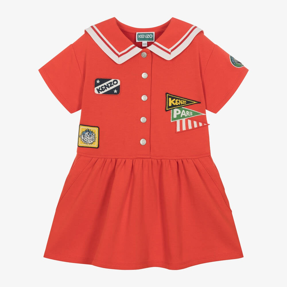 Kenzo Girls Red Cotton Collared Dress