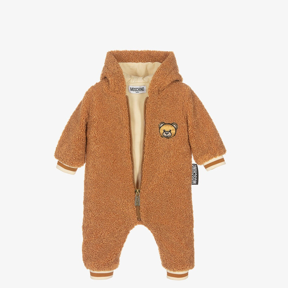 Moschino Baby Hooded Fuzzy Footie With Bear Print