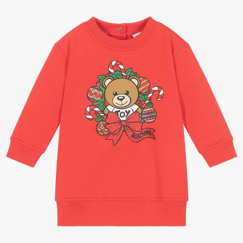 Moschino Baby Girls Red Holiday Bear Print Dress